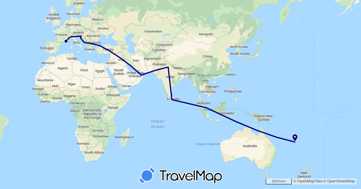 TravelMap itinerary: driving in France, Croatia, India, Italy, Sri Lanka, Oman, Singapore, Turkey (Asia, Europe)